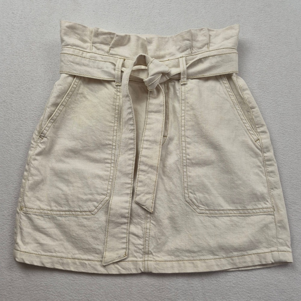 Free People Skirt Womens 2 Beige Cream Paperbag Waist Pockets Boho Belted Mini - Picture 2 of 16